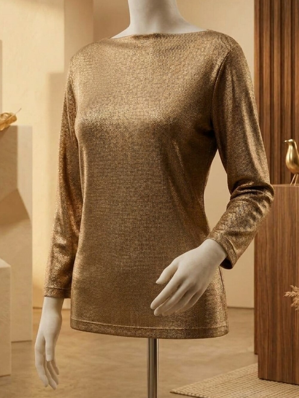 LRL Ralph Lauren gold metallic boatneck blouse wide high neck knit sweater Large